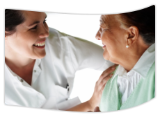 an elderly talking with her caregiver